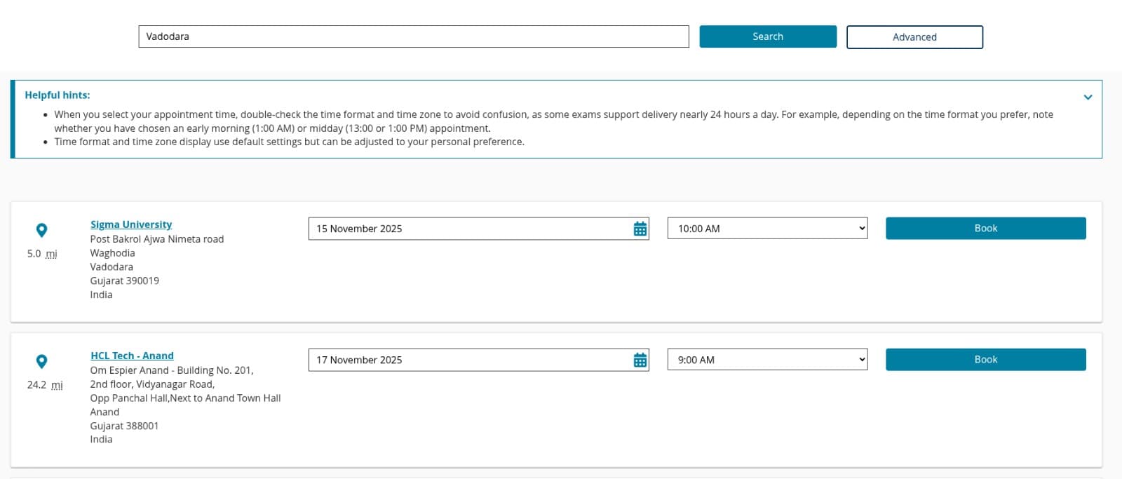 Select Date, Time and Location